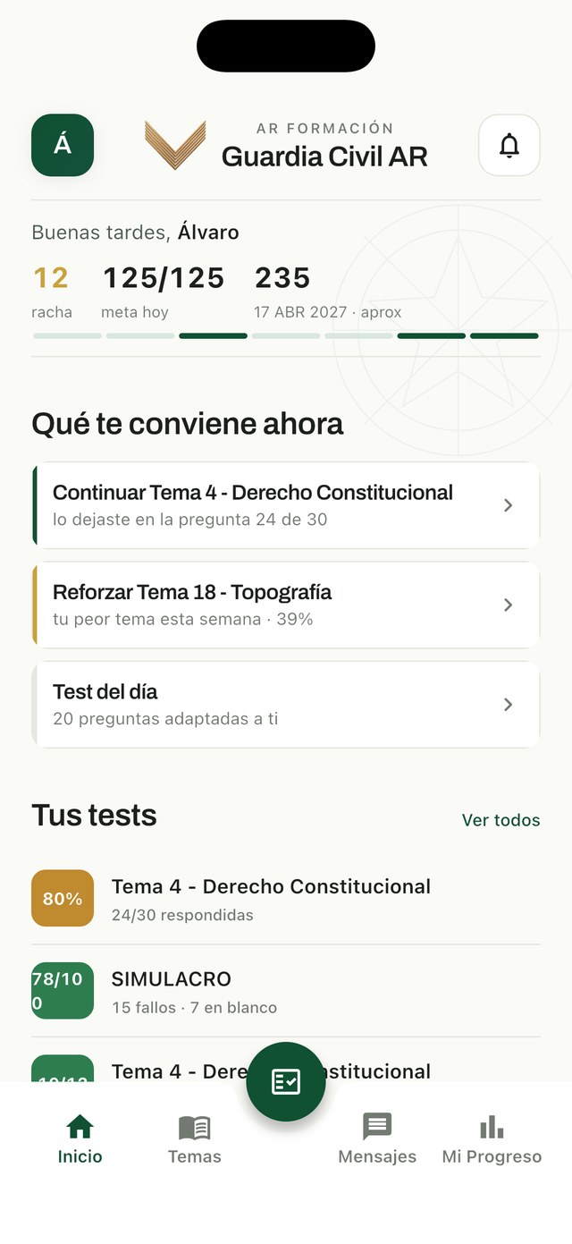 Pantalla de inicio de Guardia Civil AR: racha de estudio, meta diaria, días para el examen y los tests que dejaste a medias