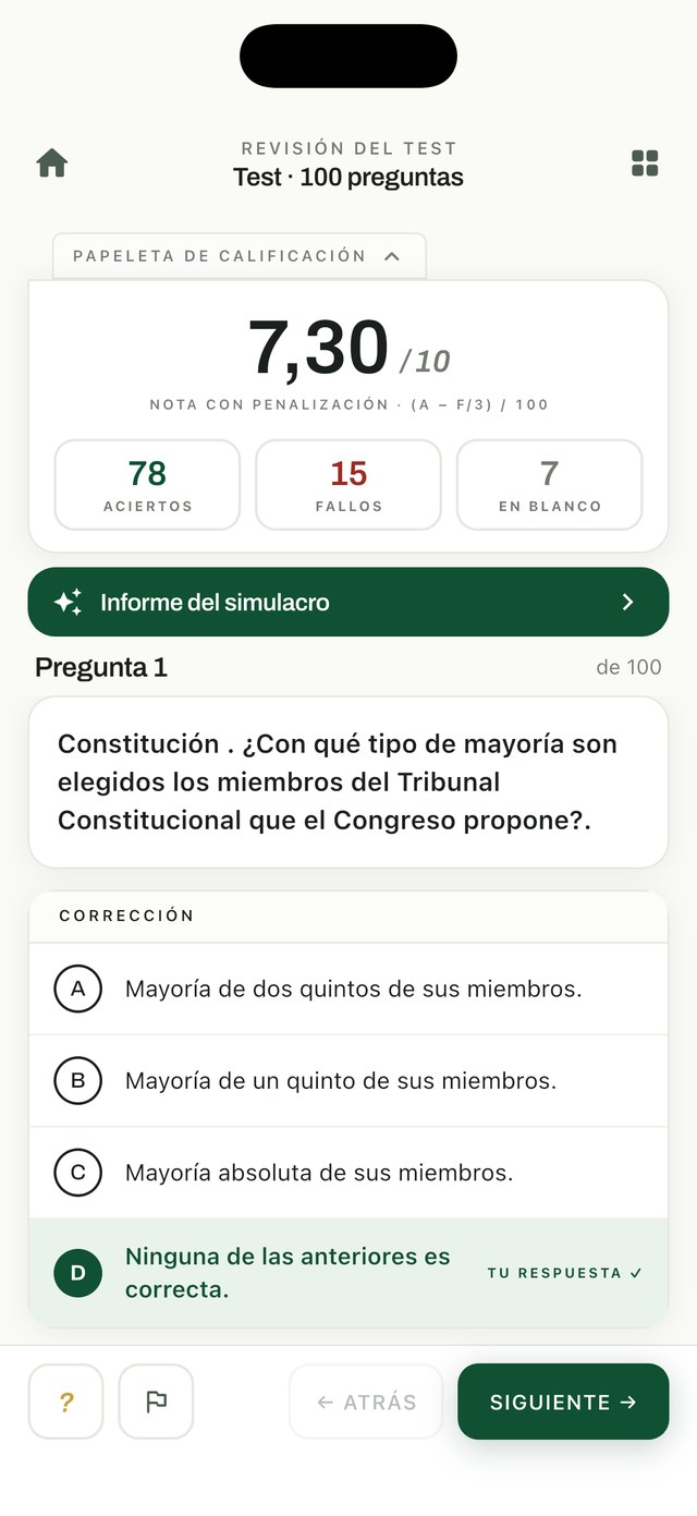 Papeleta de calificación de un simulacro en Guardia Civil AR: nota con penalización sobre 10, aciertos, fallos y preguntas en blanco