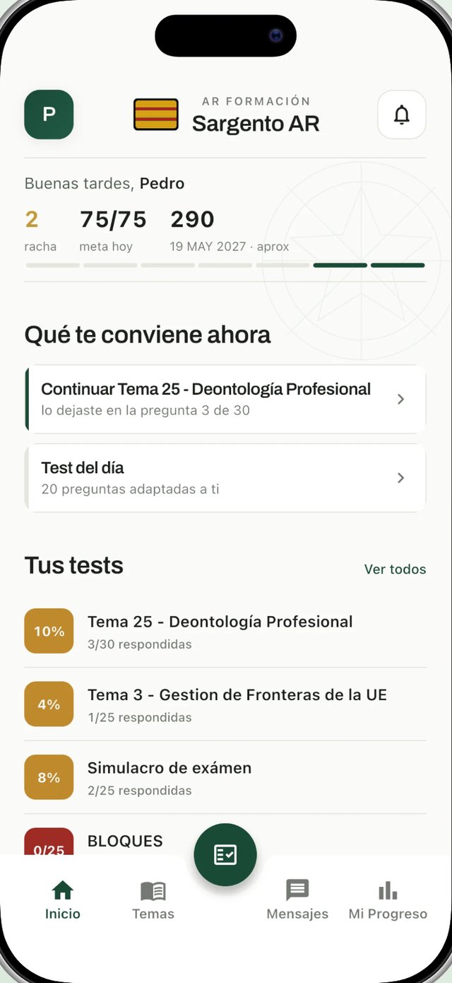 Pantalla de inicio de Sargento AR: racha de estudio, meta diaria, días para el examen y los tests que dejaste a medias